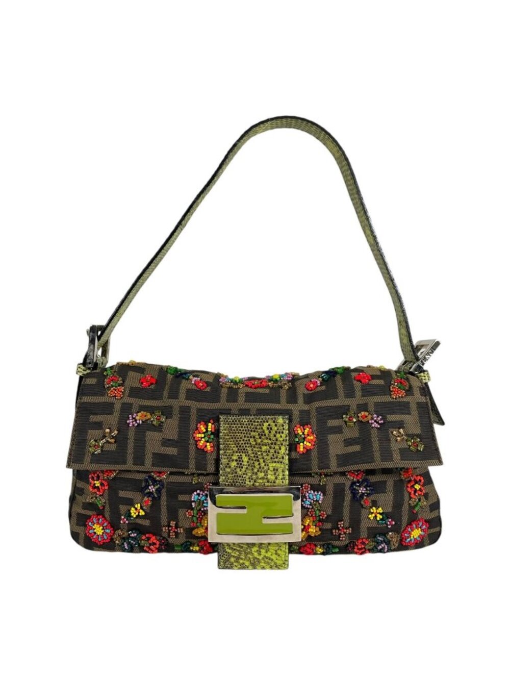 Fendi Mamma Baguette Handbag Nylon Multicolor Zucca Pattern Beads Bijou Exotic